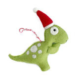 T Rex with Hat Felt Ornament handmade green dinosaur wool decoration wearing red Santa hat for Christmas