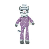 Organic Cat Maude Pacifier Buddy with soft purple fabric, embroidered cat face, and polka dot pattern for baby gifts.