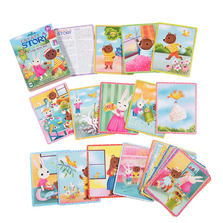 Create A Story | A Very Busy Day set showing colorful illustrated cards featuring a bird, bunny, bear, and martian.