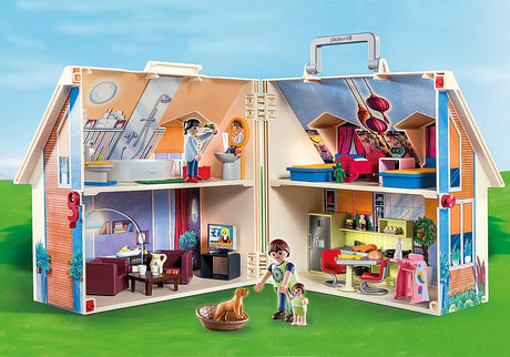 Take Along Dollhouse with modern furniture, spacious rooms, figures, accessories, and a practical carrying handle for easy transport.