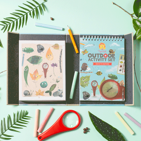 Outdoor Activity Set | Back to Nature with magnifying glass, colored chalk, pencil, and outdoor activity book for kids.