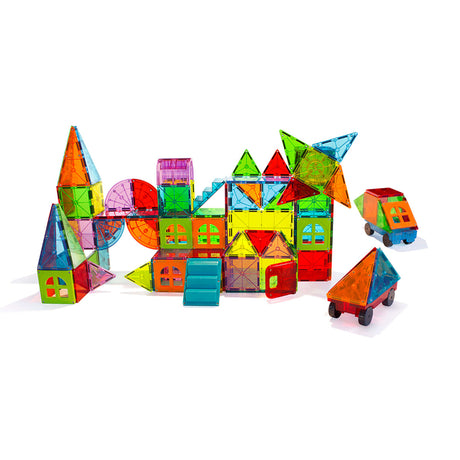 Colorful translucent shapes assembled into buildings and vehicles using Magnatiles Metropolis set.