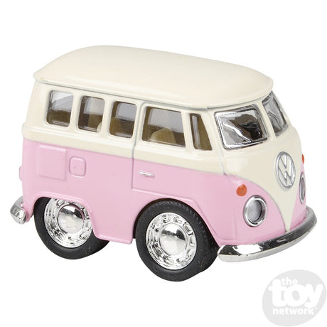 VW Mini Bus diecast toy in pink and white, 2-inch collectible perfect for kids ages 3 and up.