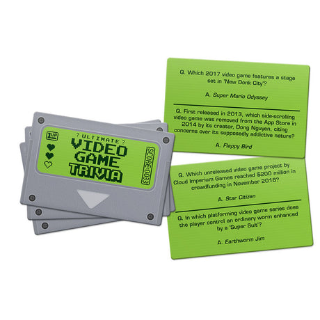 Video Game Trivia card pack designed like a game cartridge with 300 gaming questions for ages 12 and up.