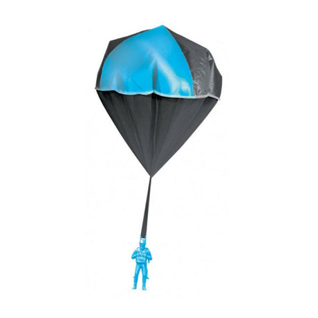 Parachute Man | Glow featuring a bright blue glow-in-the-dark parachute toy with black netting and strap, suitable for kids.