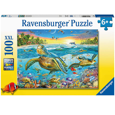 100pc Swim with Sea Turtles Puzzle with colorful sea turtles swimming underwater, designed for kids ages 6 and up.