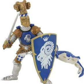 Weapon Master Ram figurine in detailed blue and gold armor holding sword and shield, ready for medieval battles.