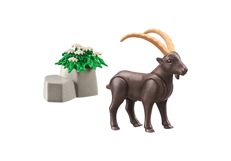Wiltopia Capricorn toy featuring a detailed capricorn figure with mountain rocks and greenery accessory.