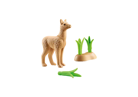 Wiltopia Baby Alpaca toy figure with green plants accessory for interactive and eco-friendly play.