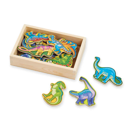 Dinosaur Magnets set with 20 colorful wooden dino shapes in a storage crate for creative play and storytelling.