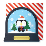 Penguin Snowglobe Card featuring a cute penguin in a snowy scene with glitter and a red and white striped envelope.