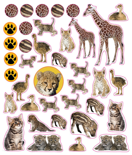 Eyelike Stickers: Baby Animals sheet with detailed baby giraffes, kittens, cheetahs, and other lifelike animal stickers.