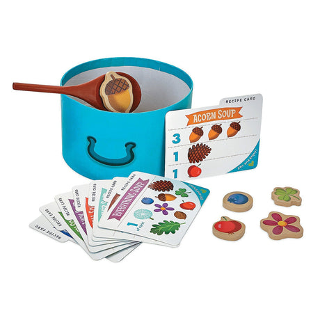 Acorn Soup with wooden spoon, ingredient tiles, and recipe cards for toddler counting and pretend play.