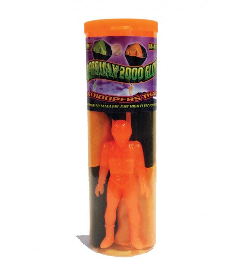 Parachute Man | Glow neon orange glow in the dark parachute man toy in clear cylindrical packaging