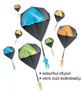 Parachute Man | Glow features assorted neon glow-in-the-dark parachute toys with tangle-free black netting and straps.
