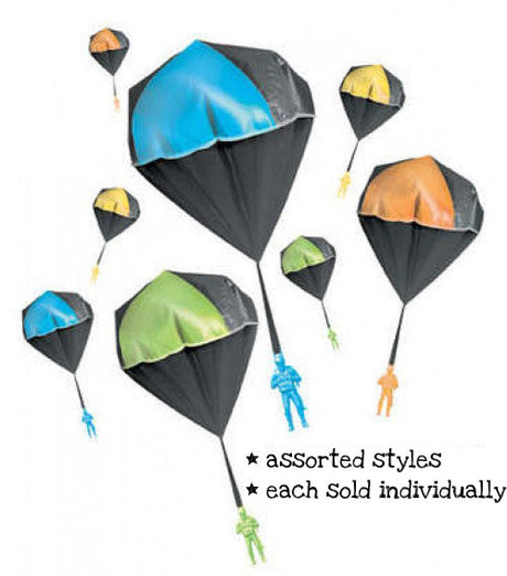 Parachute Man | Glow features assorted neon glow-in-the-dark parachute toys with tangle-free black netting and straps.