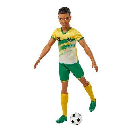 Barbie Ken Soccer #21 doll wearing yellow and green uniform with soccer ball accessory in a kicking pose.
