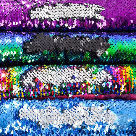Close-up of multicolored flip sequins fabric for the Sequin Snake 67in plush toy.