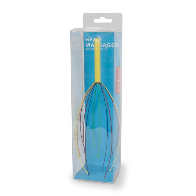 Head Massager with soft-tipped stainless-steel tips and a yellow anodized aluminum handle in clear packaging.