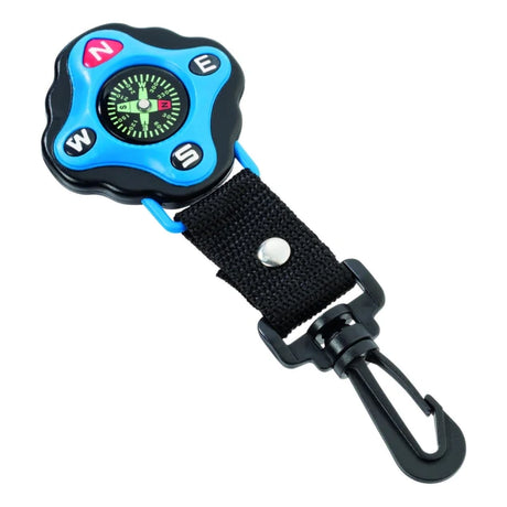 Clip On Compass with bright blue dial and black clip lanyard, perfect for outdoor exploration and adventure.