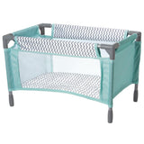 Playpen Bed Grey with mint and gray zig zag design, mesh sides, and sturdy frame for dolls up to 16 inches.