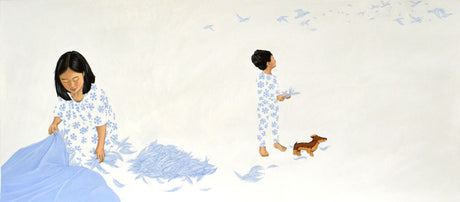 A Big Bed for Little Snow cover art showing children in pajamas with a small dog and feathers on a soft bed.