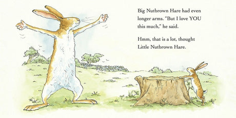 Guess How Much I Love You board book illustration of Big and Little Nutbrown Hare showing love by reaching arms wide.
