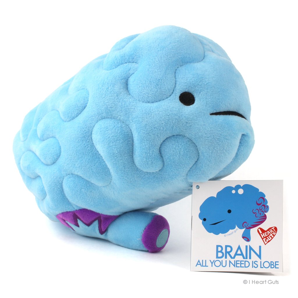 Soft blue plush Brain with detailed texture and booklet-style hangtag showing friendly cartoon brain design.