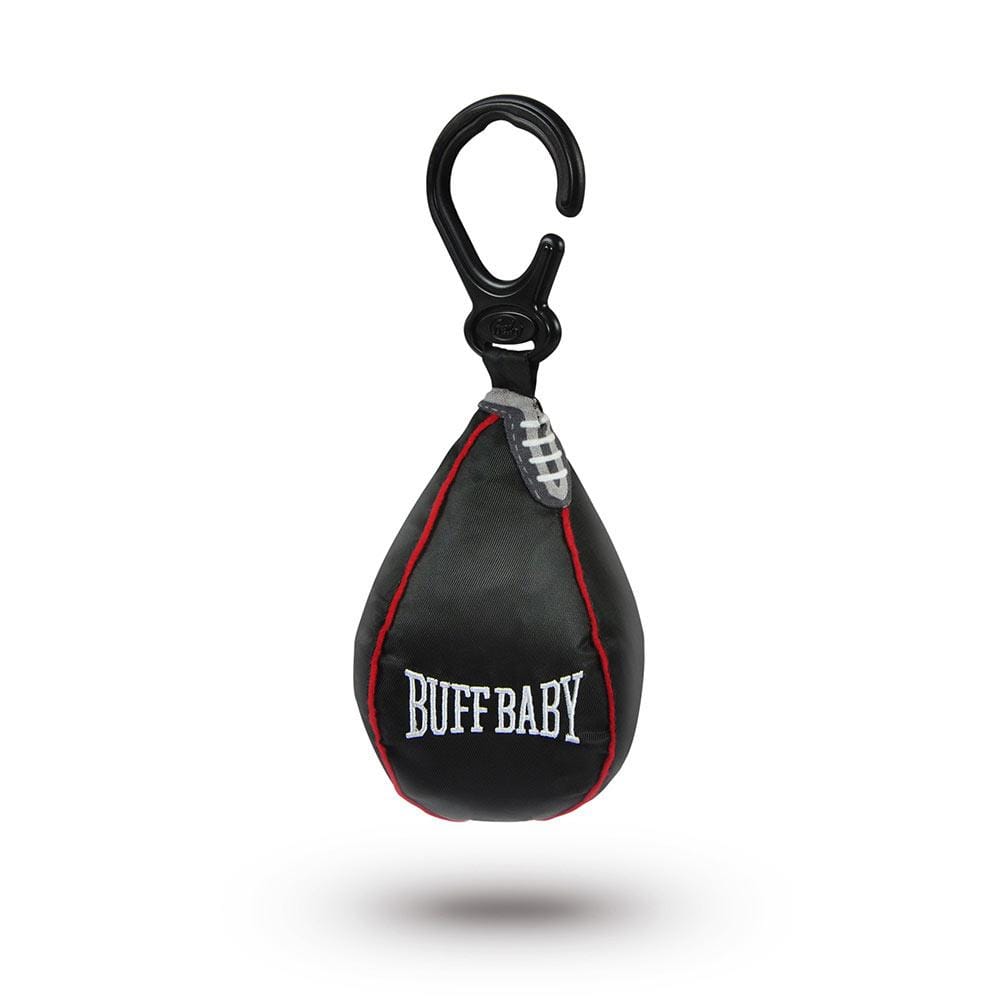 Speed Bag Stroller Toy black miniature punching bag with carabiner for stroller attachment and BUFF BABY logo