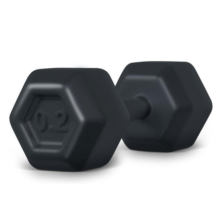 Black hexagonal-shaped Dumbell Rattle with smooth natural grips, safe for babies with no BPA or phthalates.