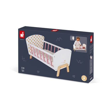 Doll Bed wooden with shiny details, pillow, mattress, and golden polka dot blanket for dolls up to 42 cm.
