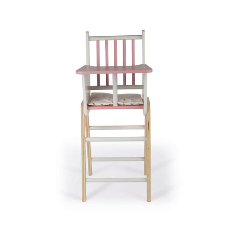High Chair with wooden frame, pink tray, and cushioned seat with golden polka dots for dolls up to 42 cm.