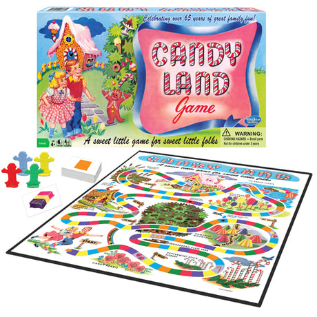 Candy Land game classic edition with colorful board, plastic gingerbread men movers, and 64 cards for family fun.