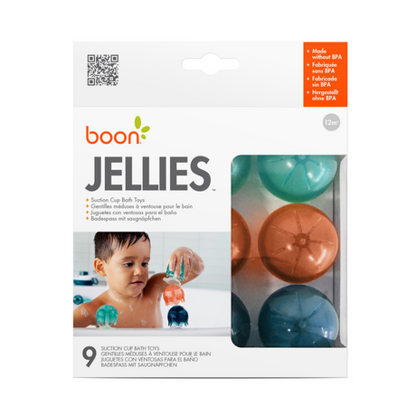 JELLIES Suction Cups bath toys with colorful jellyfish shapes that stick and stack, BPA-free, for children 12 months and up.