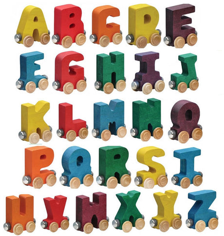 Nametrain Letter L wooden train car in red, part of the colorful NameTrain kids alphabet set from Maple Landmark.