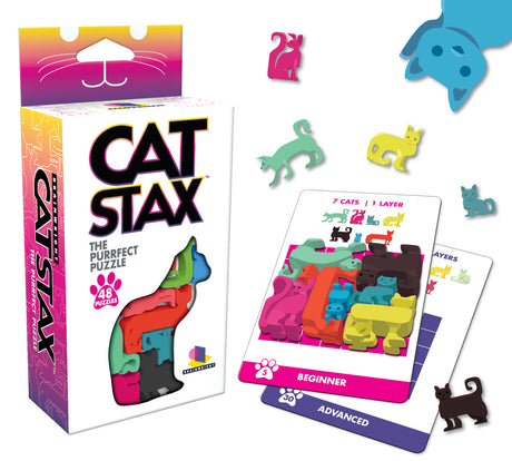 Cat Stax product with colorful cat-shaped puzzle pieces and challenge cards for a stacking puzzle game.