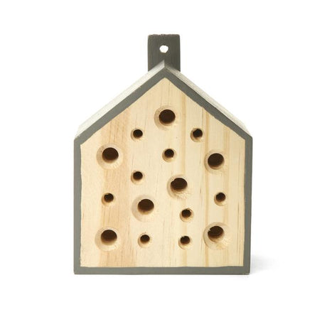Little Bee House wooden bee habitat with multiple holes for pollinators, perfect for garden or backyard decoration.