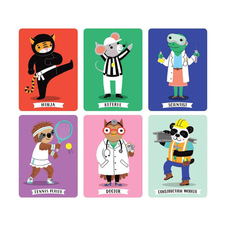 Charades game cards showing colorful animal characters like ninja, referee, scientist, tennis player, doctor, and construction worker.