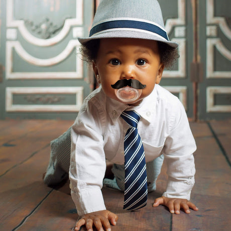 Baby dressed in shirt, tie, and hat using a Mustache Pacifier with a black mustache detail.