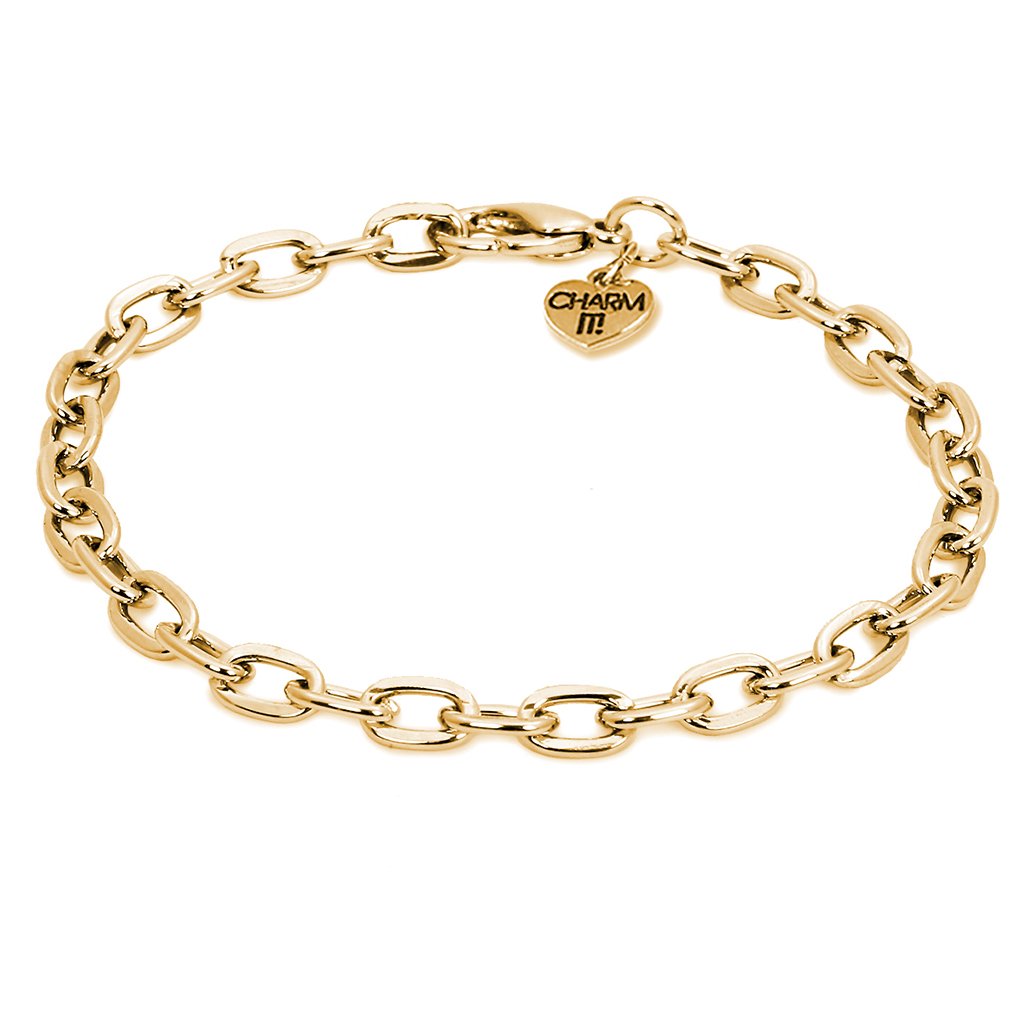 Gold Bracelet Chain featuring a 7.5" adjustable base metal chain with a heart charm tag reading "Charm It!