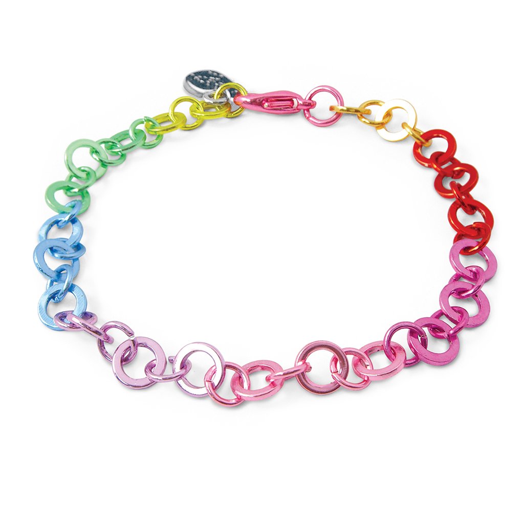Rainbow Bracelet Chain featuring colorful anodized metal links in a fully adjustable 7.5-inch design.