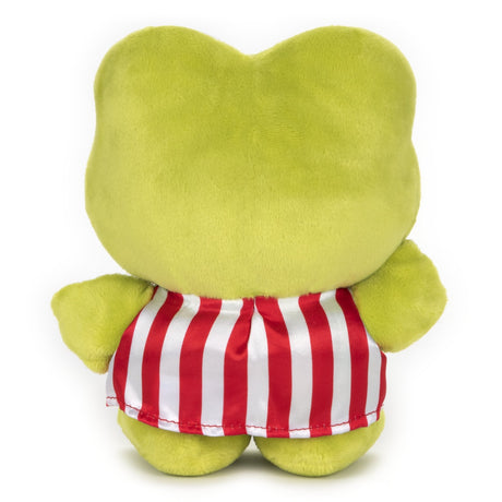 Keroppi plush toy showing the back with a white and red striped outfit and waving hand, soft and collectible design.