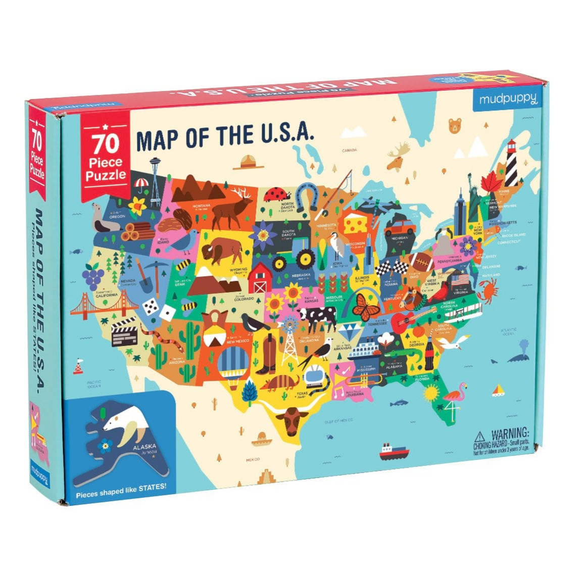 70pc USA Map Puzzle featuring colorful state-shaped pieces with nicknames, capitals, and fun illustrations for kids aged 5-9.