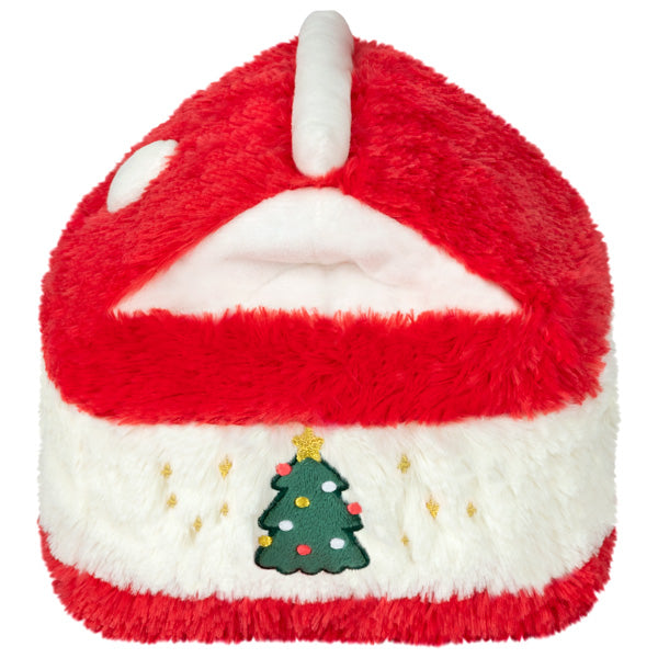 Eggnog Mini holiday plush with red and white fur and a decorated Christmas tree design on the front.