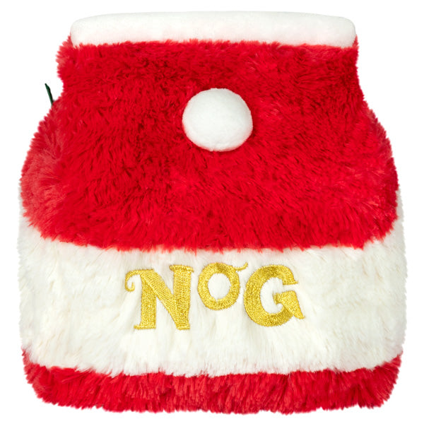 Eggnog Mini plush pouch in red and white with pom-pom and embroidered NOG, soft polyester fiber holiday decor.