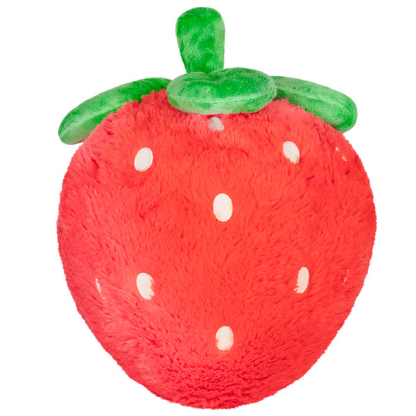 Strawberry plush toy with soft polyester fiber, bright red with green leaves, perfect for ages 3 and up.