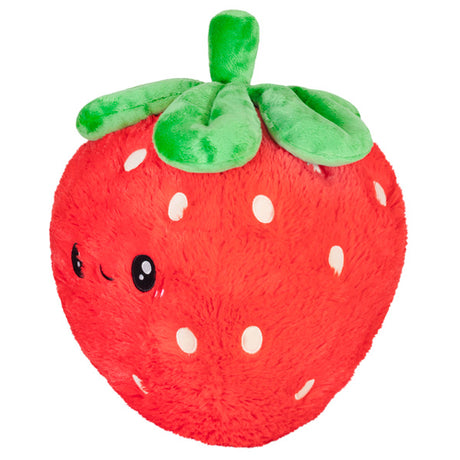 Strawberry plush toy with bright red soft fabric, green leaves, cute face, and white seed details, 15 inches of cuddly fun.