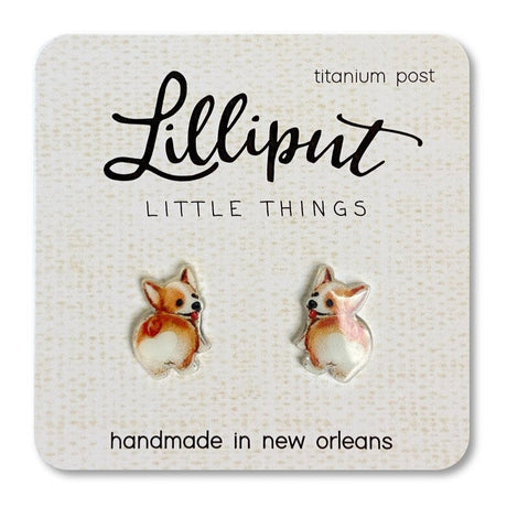 Corgi Butt Earrings with titanium posts, handmade in New Orleans, featuring adorable detailed corgi design, hypoallergenic and comfy.