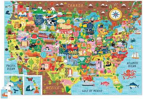 200pc USA Puzzle showing a colorful illustrated map of the United States with state-themed icons and landmarks.
