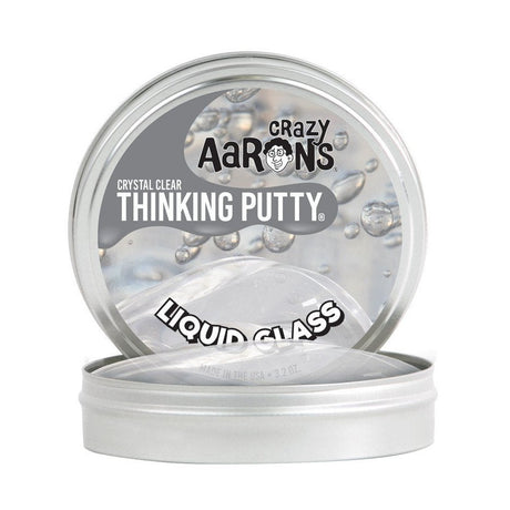 Liquid Glass Crystal Clear Thinking Putty in open tin showing transparent, glossy, crystal-clear putty inside.